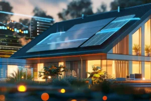 Breitformatiges Bannerdesign einer Infografik zu Batteriepaketen als alternatives elektrisches Speichersystem für saubere Energie im Smart Home mit Solardach als Reserve oder zu Konzepten für nachhaltige Energie